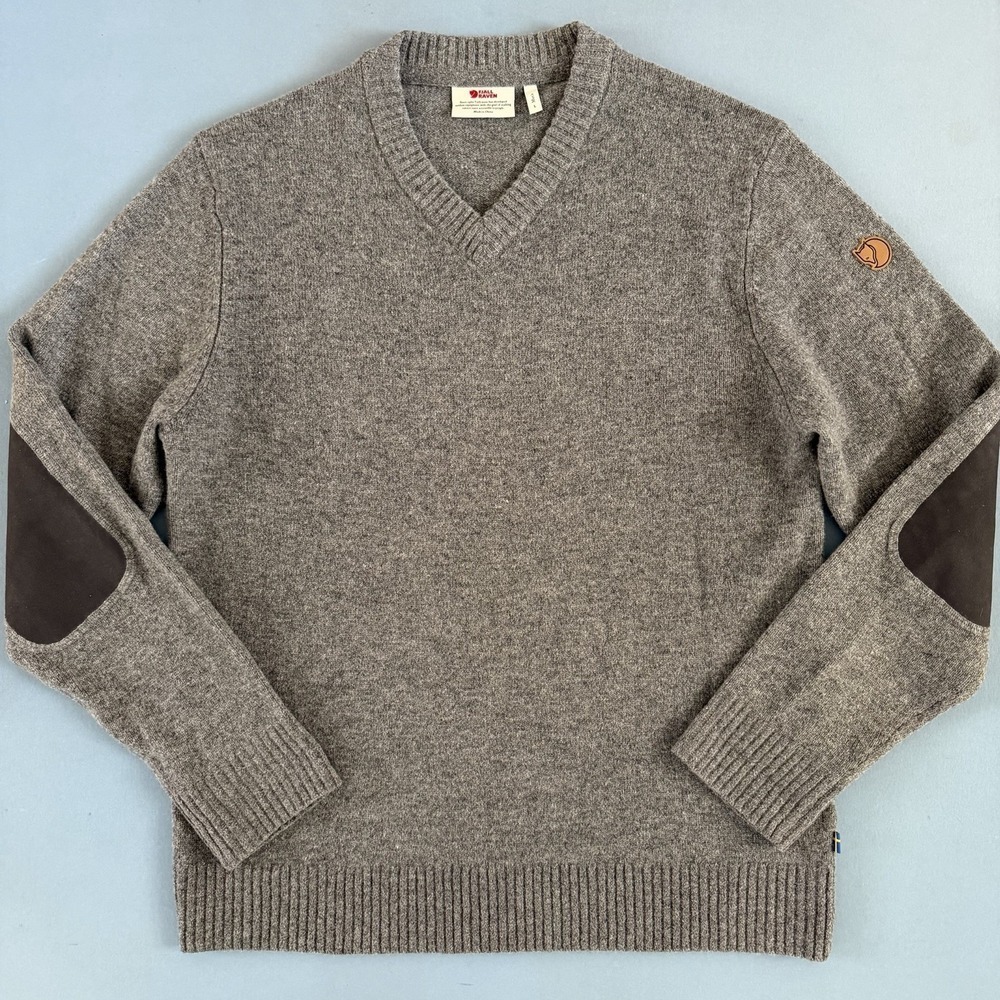 Fjallraven‎ Ovik V-Neck Wool Gray Elbow Patch Mens Sweater